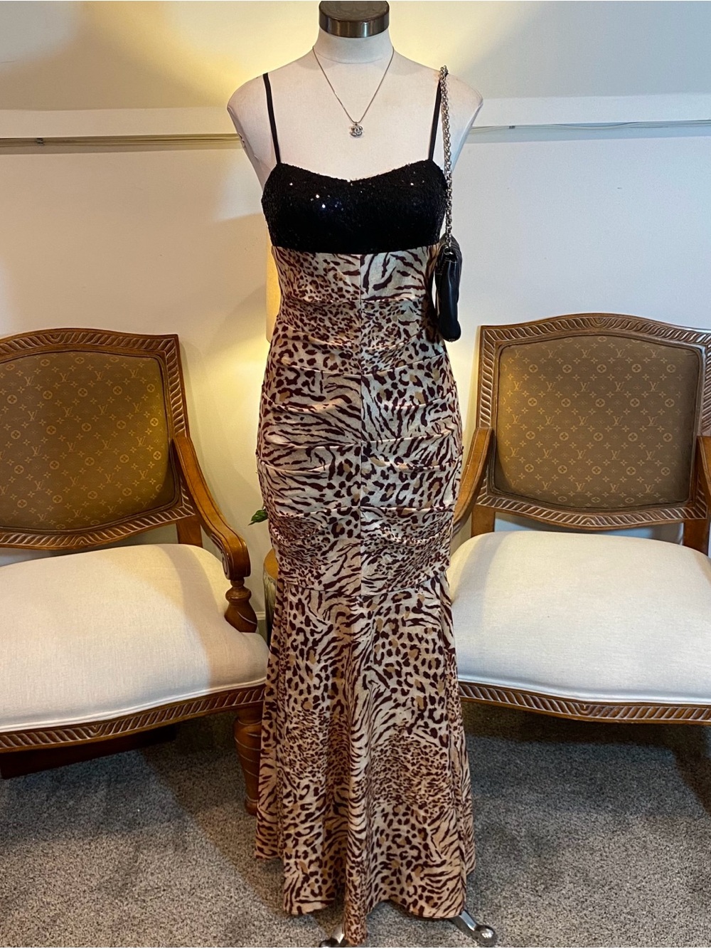 Rare Vintage 90s Leopard Leopard Sequin Bustier Maxi Evening Gown Size 5/6